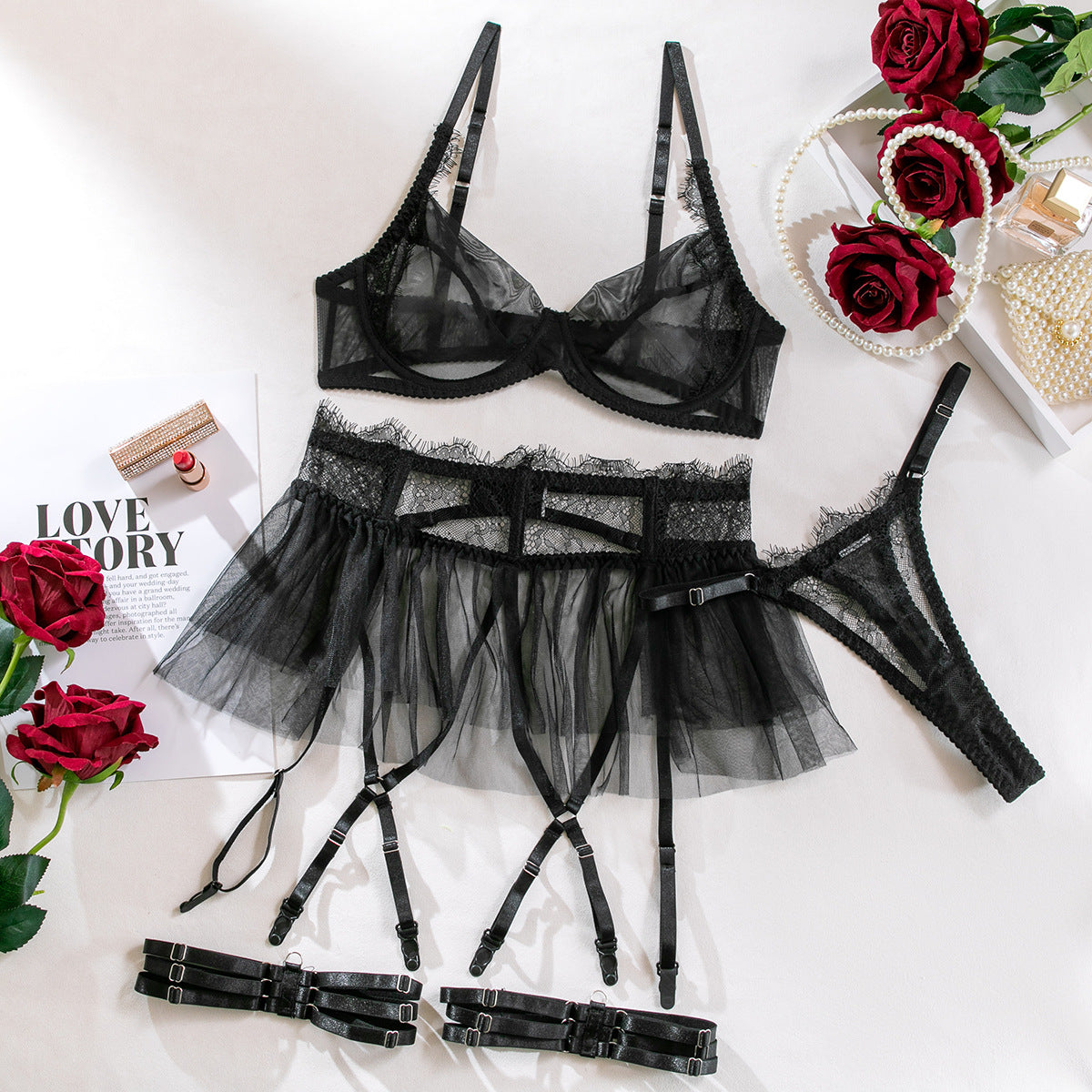 Push Up Mesh Lace Stitching Four-piece Set