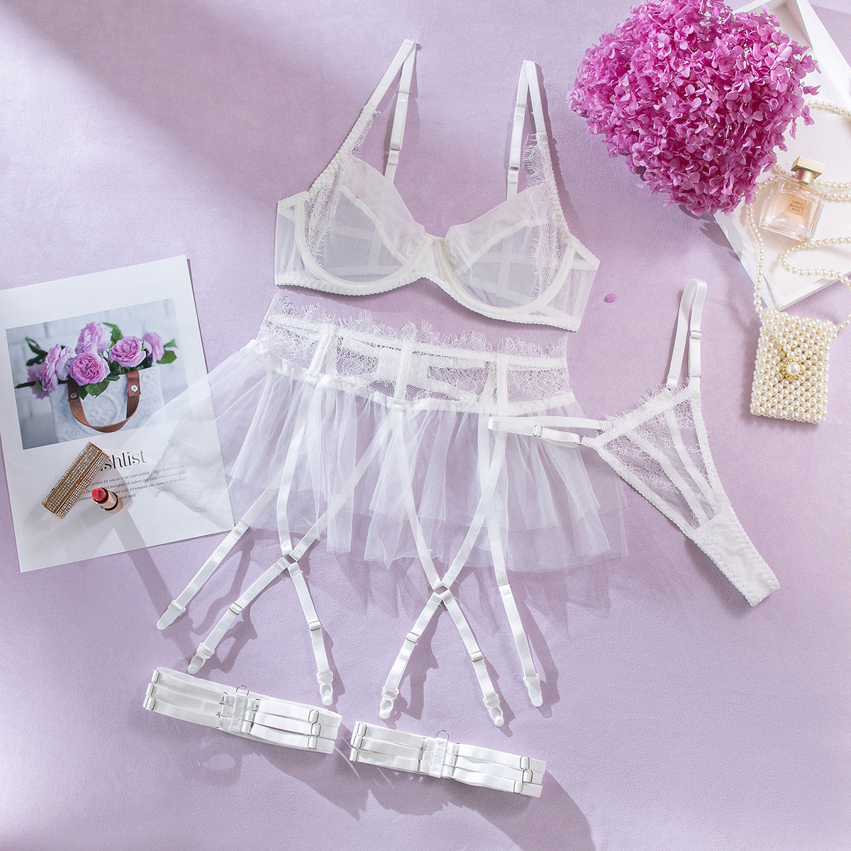 Push Up Mesh Lace Stitching Four-piece Set