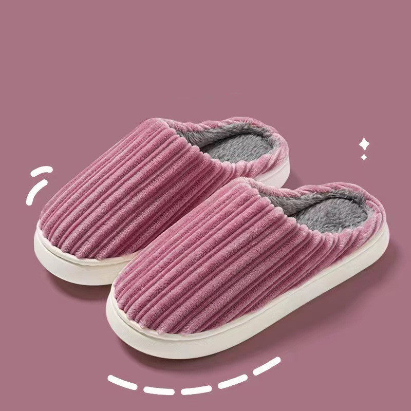 Striped Design Slippers Winter Indoor Warm Thick-soled Home Slippers Women's Plush Cotton Slippers Solid Anti Slip House Shoes