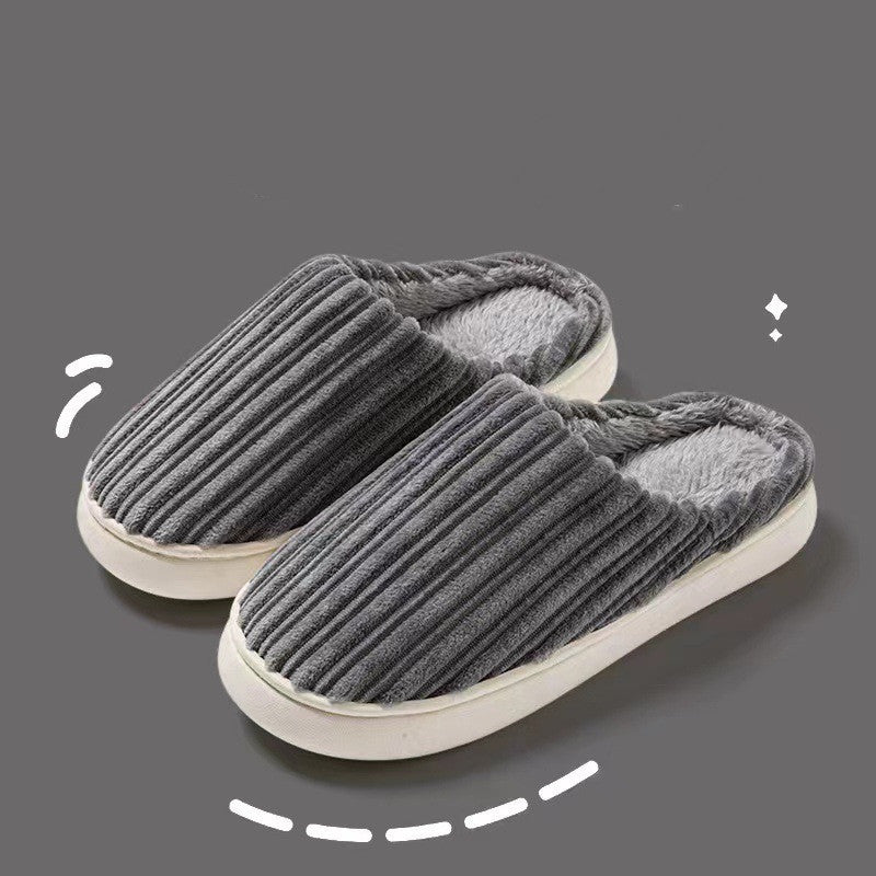 Striped Design Slippers Winter Indoor Warm Thick-soled Home Slippers Women's Plush Cotton Slippers Solid Anti Slip House Shoes